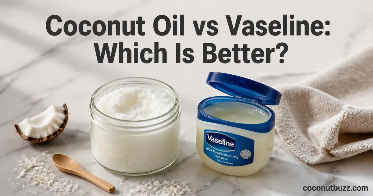 Glass jar of solid white coconut oil with wooden spoon and small coconut shell piece beside a jar of Vaseline on marble surface with linen napkin