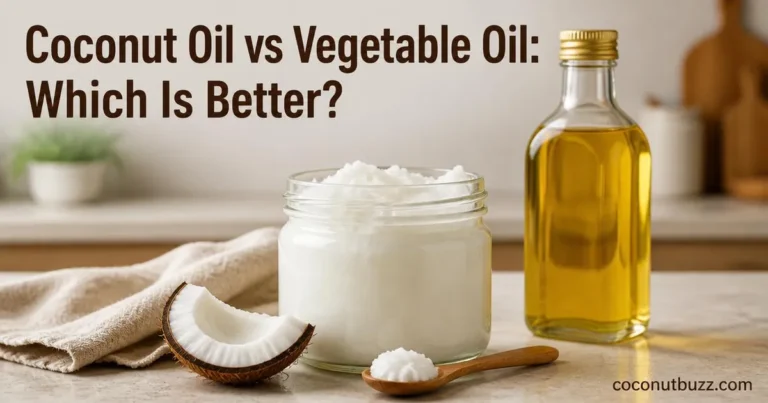 clear glass jar of solid white coconut oil with coconut shell piece beside golden vegetable oil bottle on neutral counter