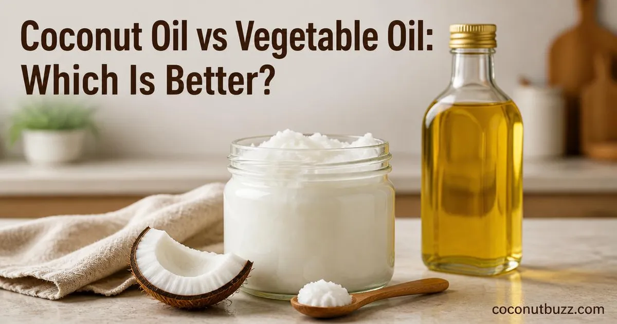 clear glass jar of solid white coconut oil with coconut shell piece beside golden vegetable oil bottle on neutral counter
