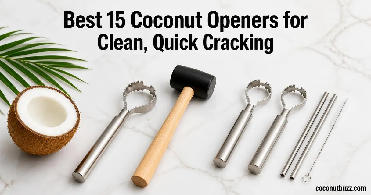 Coconut opener: stainless steel opener with mallet and two-pack openers, flatlay on marble with halved coconut and palm leaf