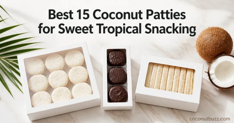 Coconut patties in three unlabeled packages with halved coconut, whole coconut and palm leaf on a light marble surface