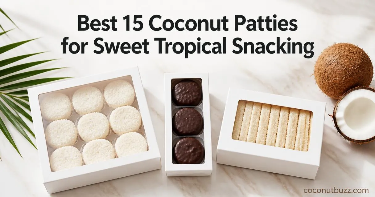 Coconut patties in three unlabeled packages with halved coconut, whole coconut and palm leaf on a light marble surface