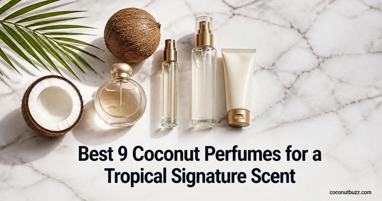 coconut perfume bottles and mist & lotion set with halved coconut and palm leaf on light marble surface