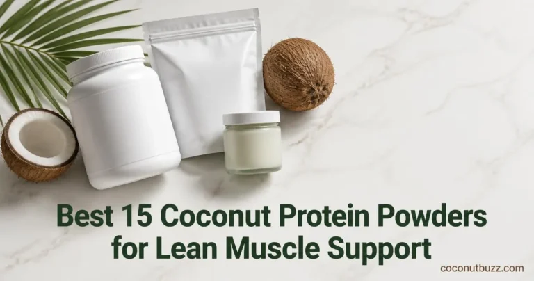 coconut protein powder tub, pouch and jar arranged with halved coconut, whole coconut and palm leaf on light marble surface
