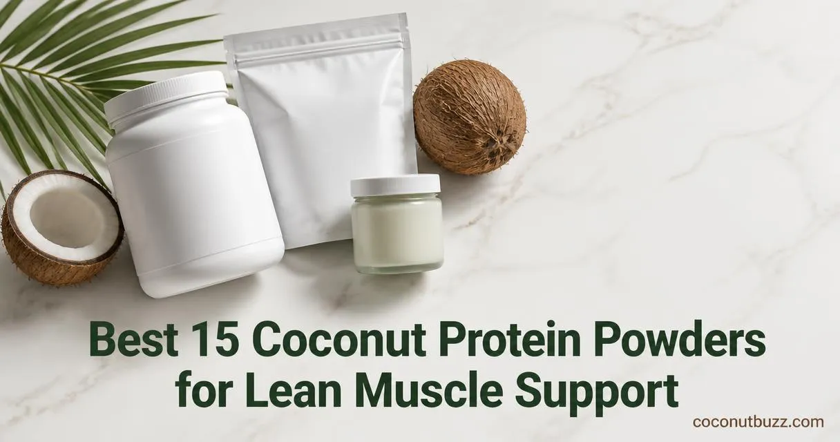 coconut protein powder tub, pouch and jar arranged with halved coconut, whole coconut and palm leaf on light marble surface
