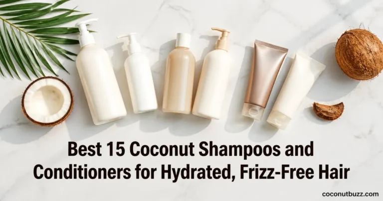 Coconut shampoo and conditioner duos three bottles and tubes flatlay with halved coconut and palm leaf on light marble