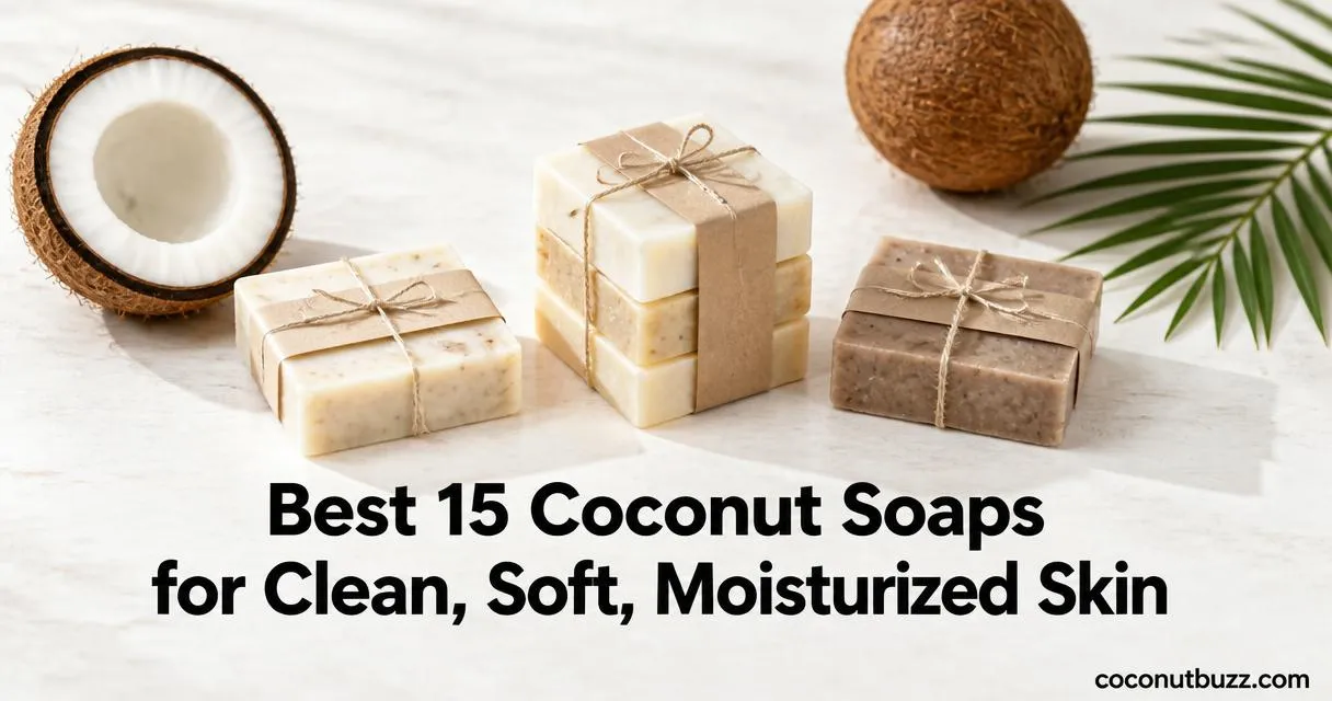 coconut soaps: three unbranded soap bars (shea, cold-pressed trio, cocoa butter) on light marble with halved coconut and palm leaf
