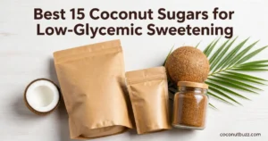 Coconut sugar three unbranded bags and a glass jar with halved coconut and palm leaf on a light wood flatlay