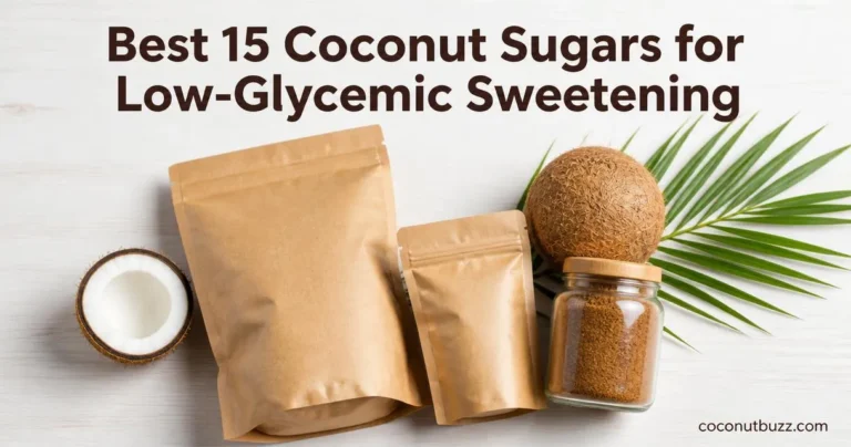 Coconut sugar three unbranded bags and a glass jar with halved coconut and palm leaf on a light wood flatlay