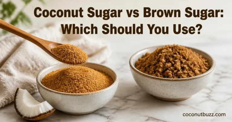 side by side bowls of granulated coconut sugar and brown sugar on light marble with coconut shell piece and wooden spoon