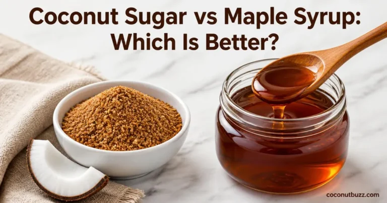 Coconut sugar in a bowl with coconut shell piece alongside a jar of maple syrup with wooden spoon on marble surface