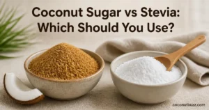 Two bowls side by side with golden coconut sugar and white powdered stevia on a neutral linen surface with coconut shell piece and wooden spoon