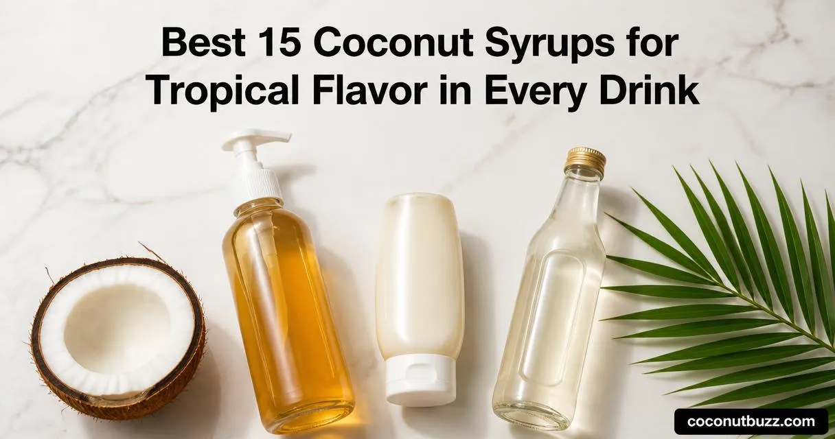 coconut syrup three bottles (pump bottle, squeezable cream-of-coconut, clear glass syrup bottle) with halved coconut and palm leaf on light marble surface