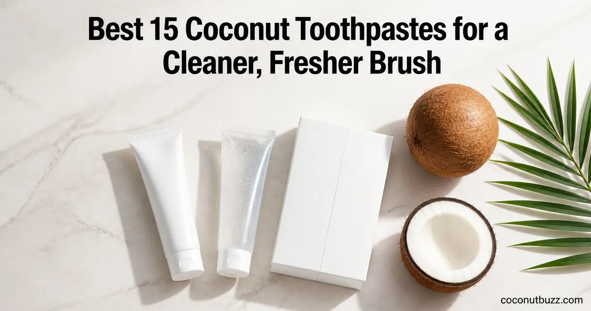 Coconut toothpaste tubes and a 2-pack box arranged in a flatlay with halved coconut and palm leaf on light marble surface