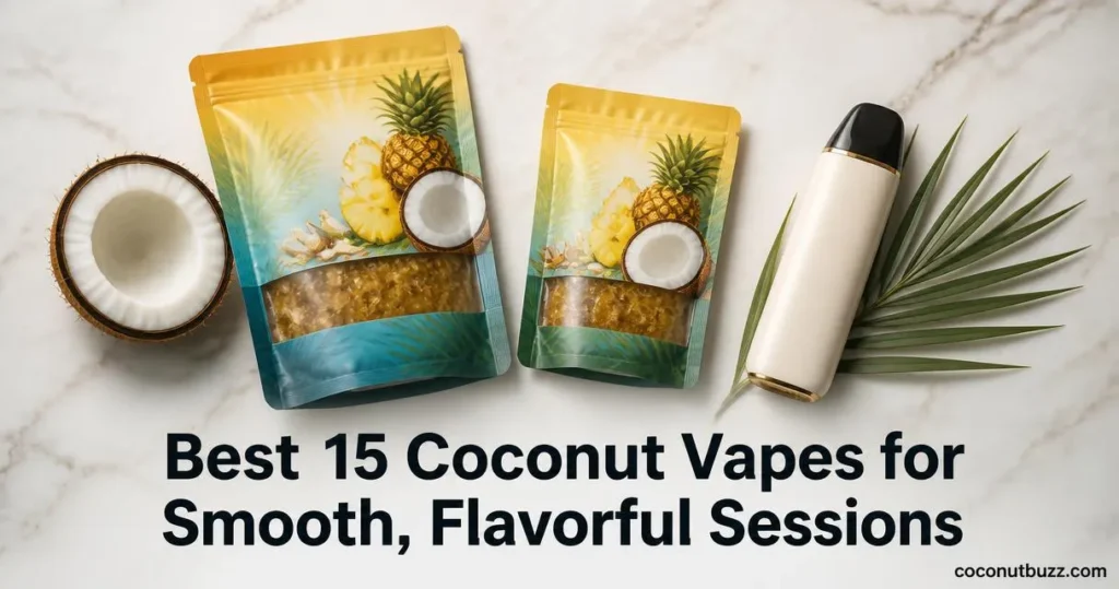 coconut vapes: two pineapple-coconut shisha pouches and an unbranded plant-based air device with halved coconut and palm leaf on light marble