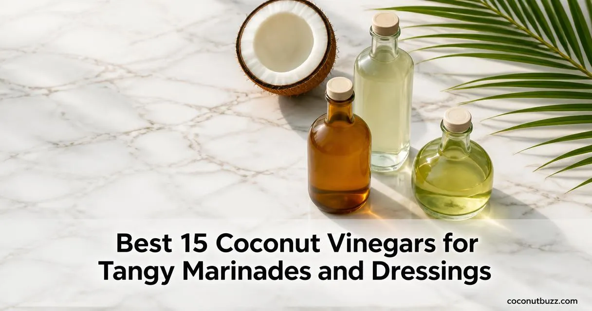 coconut vinegar bottles: three unbranded glass bottles with a halved coconut and a palm leaf on a light marble surface