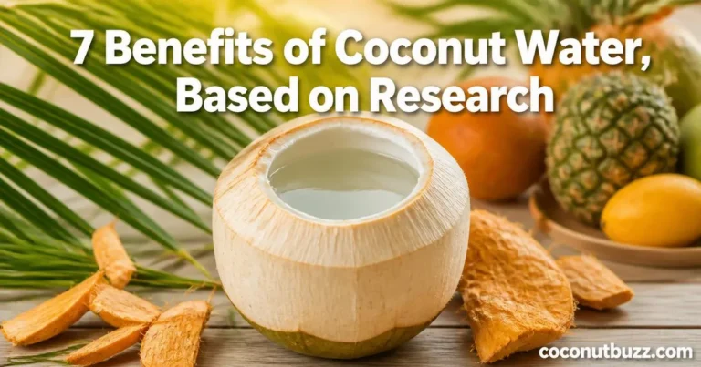 Fresh young coconut cut open showing clear coconut water surrounded by palm leaves and warm tropical colors