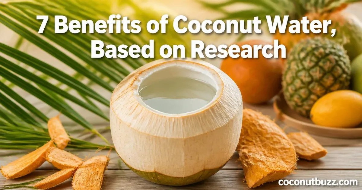Fresh young coconut cut open showing clear coconut water surrounded by palm leaves and warm tropical colors