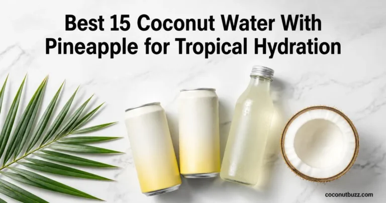coconut water with pineapple cans and a bottle arranged flatlay with halved coconut and palm leaf on light marble surface