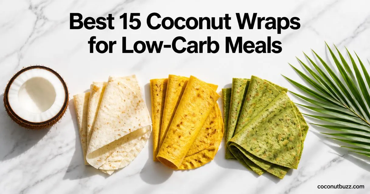 coconut wraps: three unbranded wraps (plain, turmeric yellow, spinach green) with a halved coconut and palm leaf on light marble