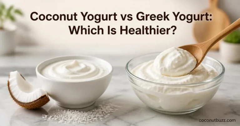 Side by side bowls of coconut yogurt with coconut shell piece and Greek yogurt on light marble surface with wooden spoon and coconut flakes
