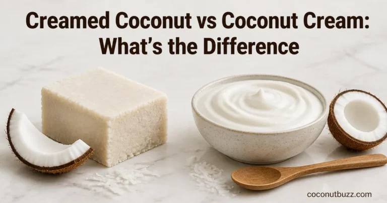 Side by side photo of creamed coconut block with coconut shell and bowl of coconut cream with halved mini coconut on marble surface