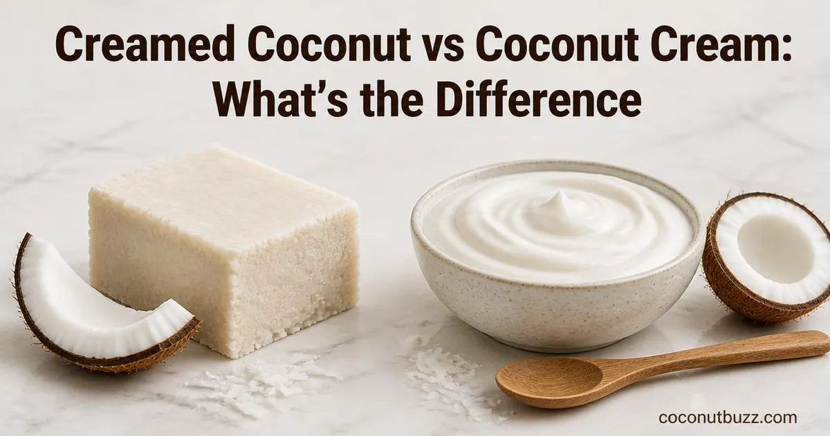 Side by side photo of creamed coconut block with coconut shell and bowl of coconut cream with halved mini coconut on marble surface