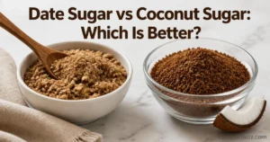 Side by side bowls of coarse date sugar and granular coconut sugar with coconut shell piece on light marble background