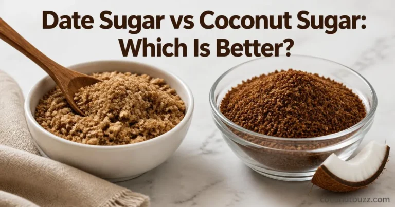 Side by side bowls of coarse date sugar and granular coconut sugar with coconut shell piece on light marble background