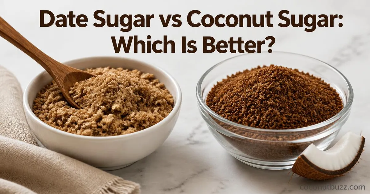 Side by side bowls of coarse date sugar and granular coconut sugar with coconut shell piece on light marble background