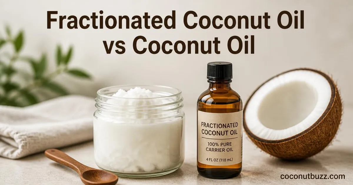 Glass jar of solid white coconut oil and amber bottle of fractionated coconut oil next to a halved coconut on neutral background