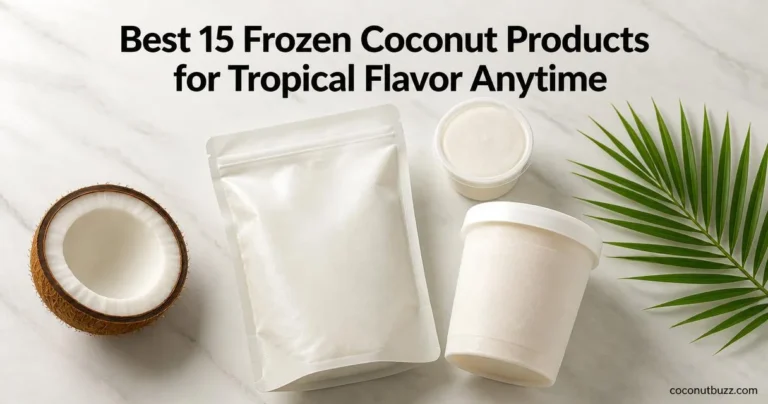 frozen coconut packs and a frozen coconut puree jar arranged with halved coconut and palm leaf on light marble surface
