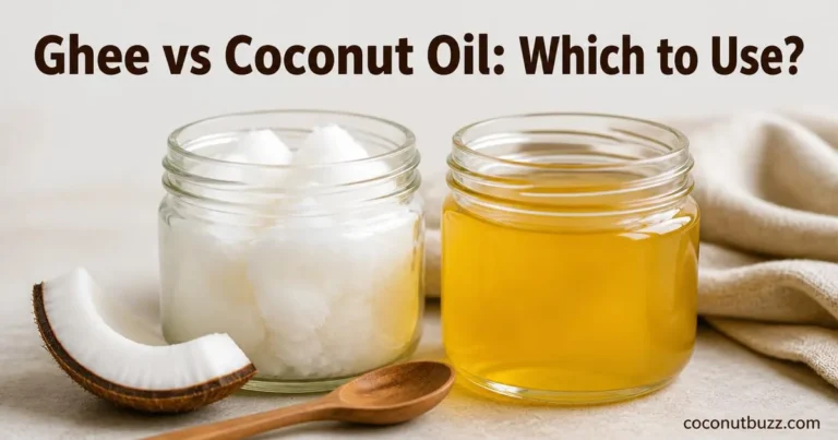 Two jars side by side with solid coconut oil and golden ghee, coconut shell piece nearby on a neutral background