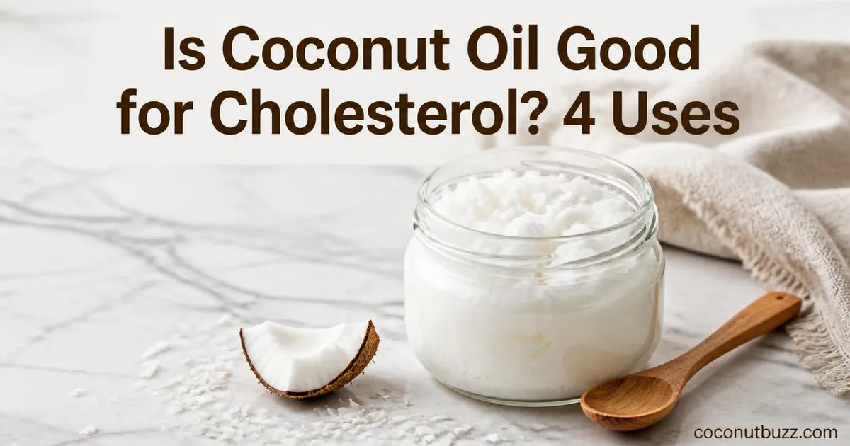 Clear glass jar of solid white coconut oil with wooden spoon and piece of coconut shell on light marble background