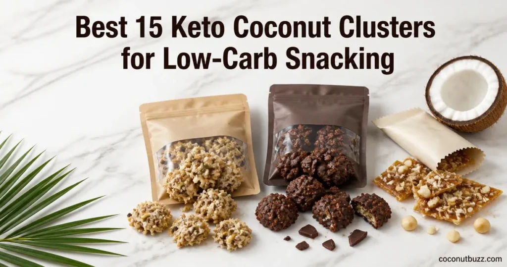 Keto coconut clusters, dark chocolate clusters and macadamia brittle on light marble with halved coconut and palm leaf