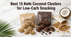 Keto coconut clusters, dark chocolate clusters and macadamia brittle on light marble with halved coconut and palm leaf