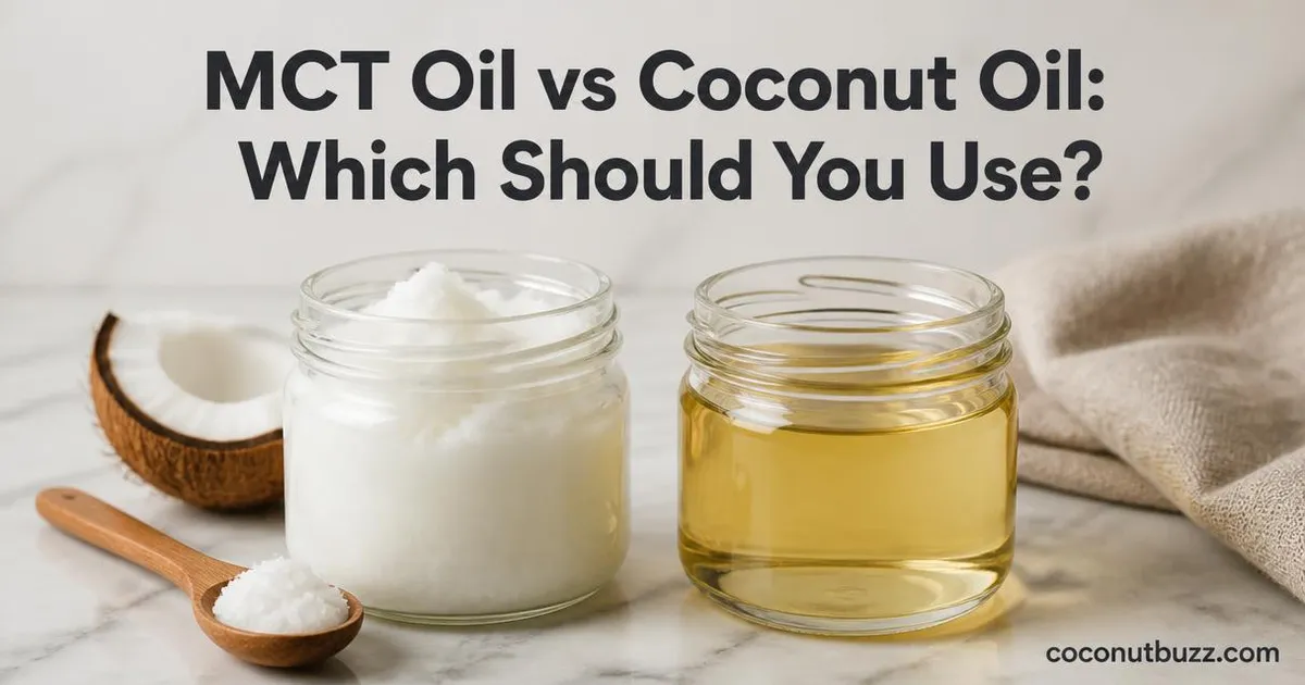 Two jars side by side with solid white coconut oil and golden MCT oil on marble surface with coconut shell piece and wooden spoon