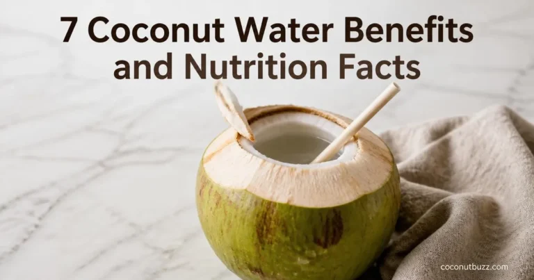 Fresh young coconut cut open with straw on light marble surface with linen napkin and water droplets visible