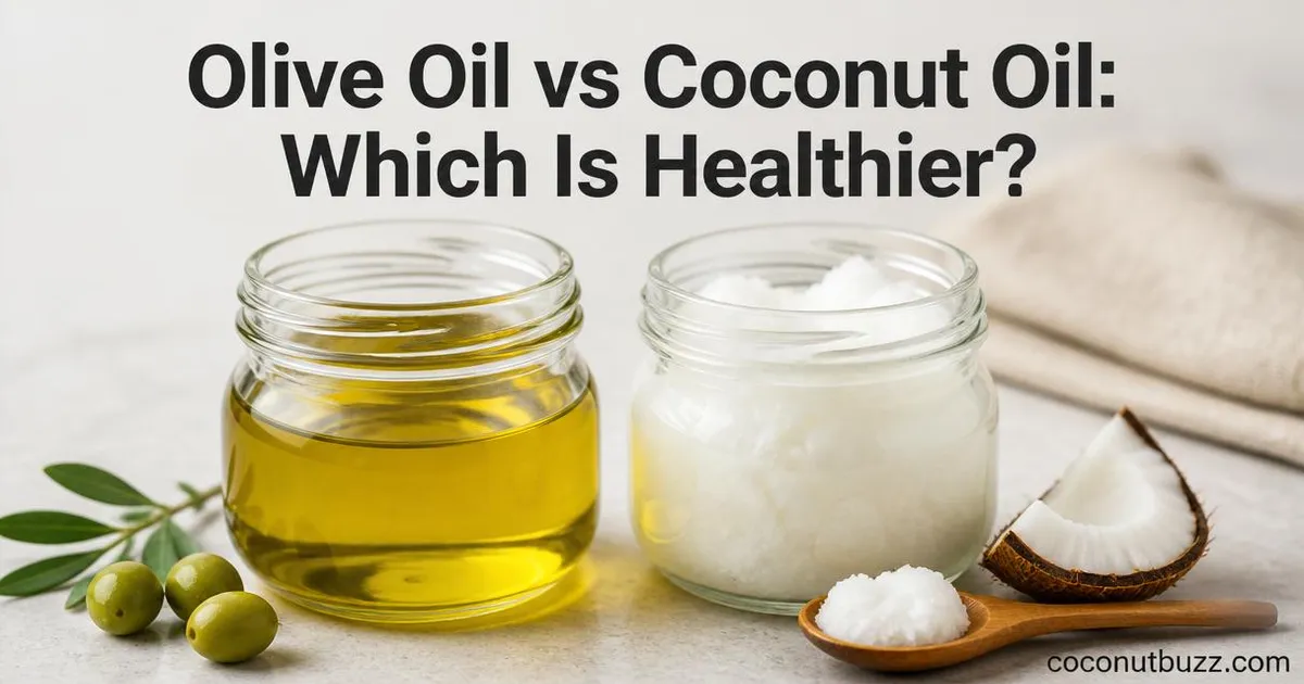 Two glass jars side by side with golden olive oil and solid white coconut oil with coconut shell piece nearby on a neutral countertop