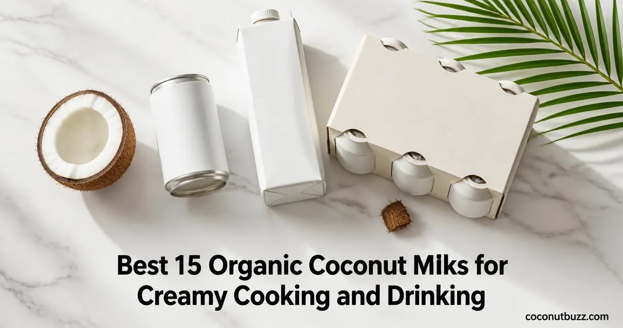 Organic coconut milk single can, pourable carton and 6-pack sleeve on light marble with halved coconut, husk piece and palm leaf