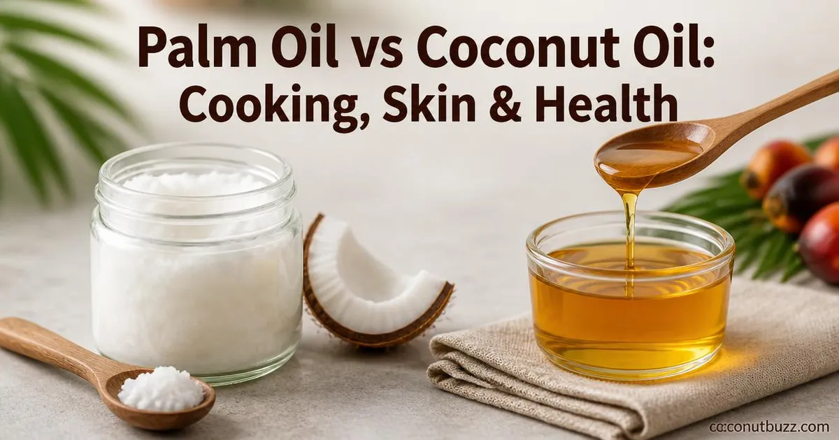 Jar of solid white coconut oil with coconut shell piece next to golden palm oil in glass container on neutral background