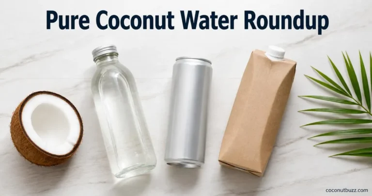Editorial flatlay of three unbranded coconut water containers with halved coconut and palm leaf on a light wood surface, title 'Pure Coconut Water Roundup' and small coconutbuzz.com watermark.