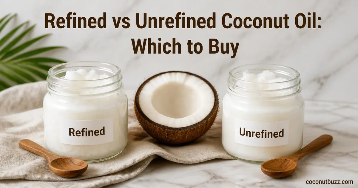 two glass jars of refined and unrefined solid coconut oil side by side with halved coconut shell on light marble surface