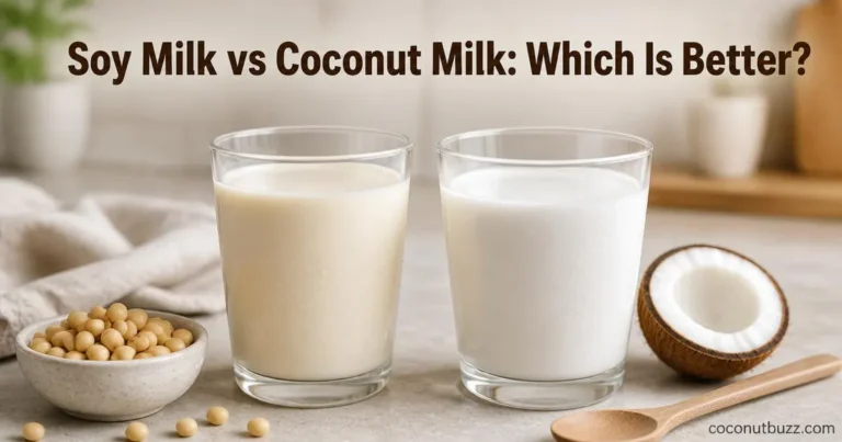 Two glasses of soy milk and coconut milk side by side with halved mini coconut and soybeans on a neutral kitchen counter
