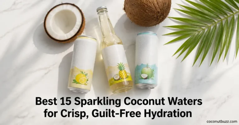 sparkling coconut water cans and bottle with halved coconut, whole coconut and palm leaf on light marble surface