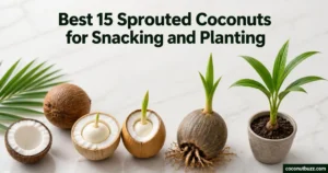 Sprouted coconut halves and coconut apple with a small potted young coconut palm and palm leaf on light marble