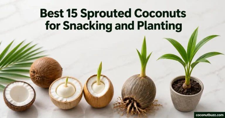 Sprouted coconut halves and coconut apple with a small potted young coconut palm and palm leaf on light marble