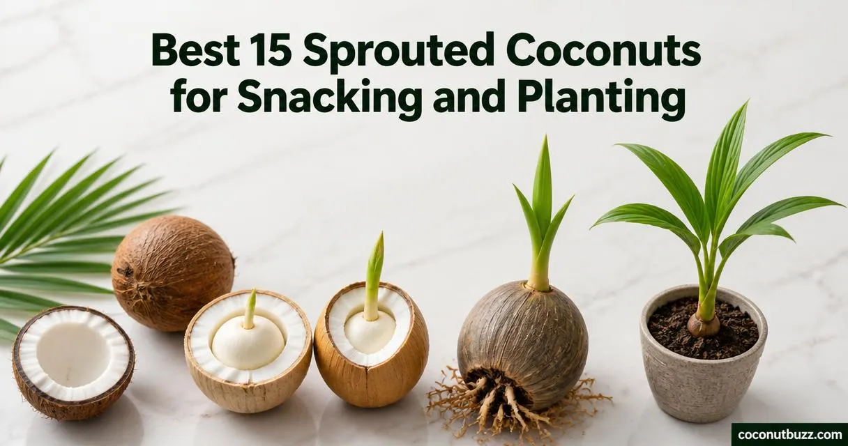 Sprouted coconut halves and coconut apple with a small potted young coconut palm and palm leaf on light marble