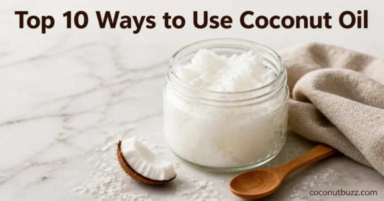 glass jar of solid white coconut oil with wooden spoon and coconut shell piece on light marble surface with linen napkin