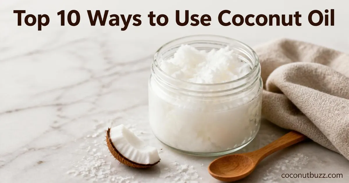 glass jar of solid white coconut oil with wooden spoon and coconut shell piece on light marble surface with linen napkin